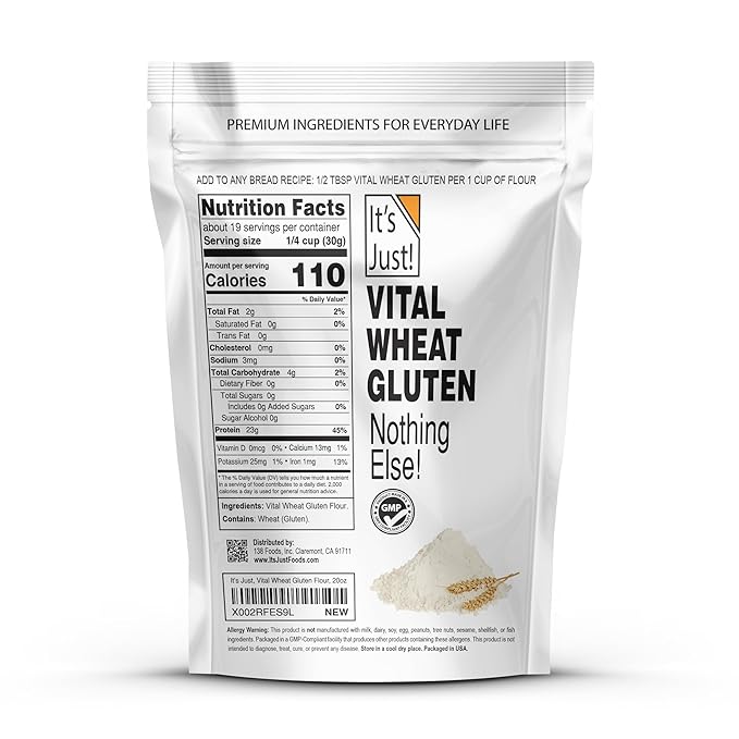It's Just - Vital Wheat Gluten, 1.25lb, High Protein Wheat Flour, Vegan Friendly Seitan, Low Carb Bread, 20oz