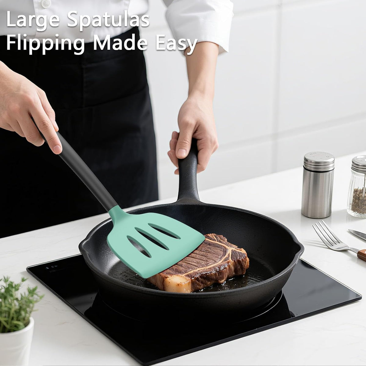 Coukre 3 Pack Silicone Spatula Set, Heat Resistant to 500°F, BPA-Free | Fish Spatula, Solid &amp; Slotted Turners, Dishwasher Safe, Spatula Set for Eggs, Pancakes, Fish &amp; Burgers, AquaGreenBlack