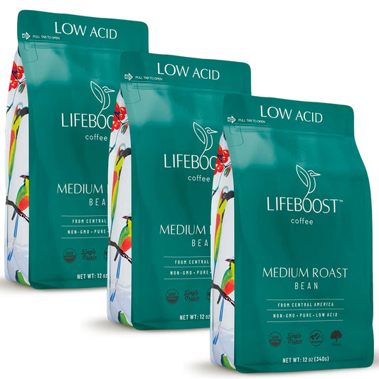 Lifeboost 3 Pack Medium Roast Whole Bean Coffee - Non-GMO Low Acid Single Origin USDA Organic Coffee - Third Party Tested