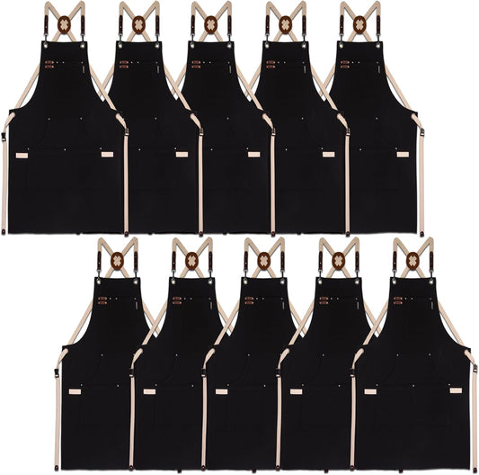 10 Pack Kitchen Aprons, Work Apron, Canvas, Multiple Pockets, Gardening, Painting, BBQ, Artist, Carpenter, Sizes M to XXL,
