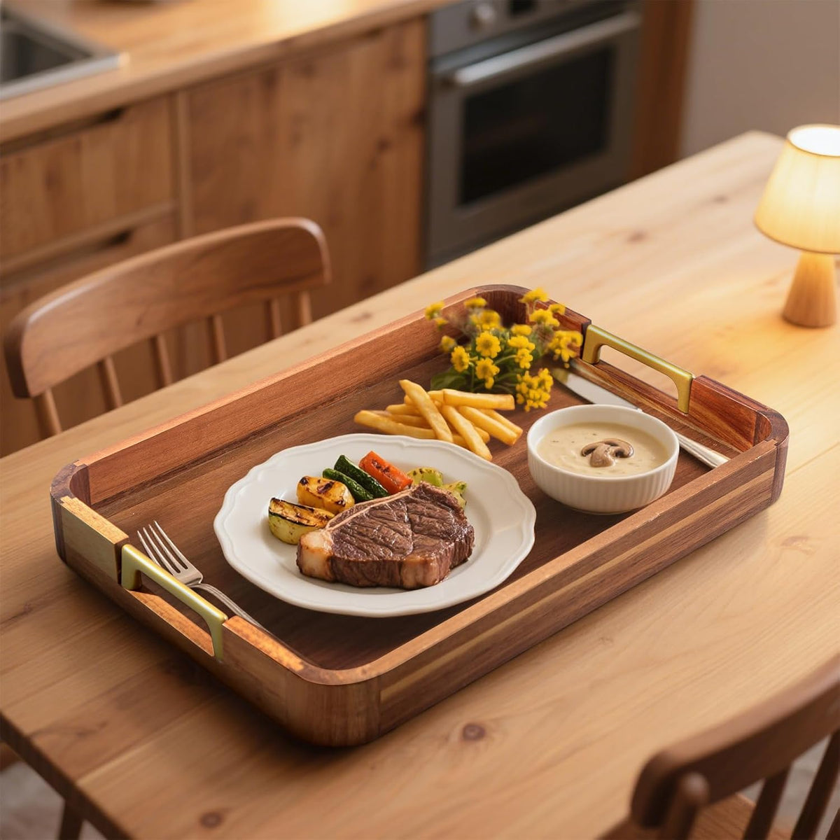 Acacia Wood Serving Tray with Metal Handles, 17x12in Food Drinks Tray for Coffee Table, Breakfast, Dinner &amp; Bar, Rustic Decorative Storage Tray for Ottoman, Kitchen, Parties