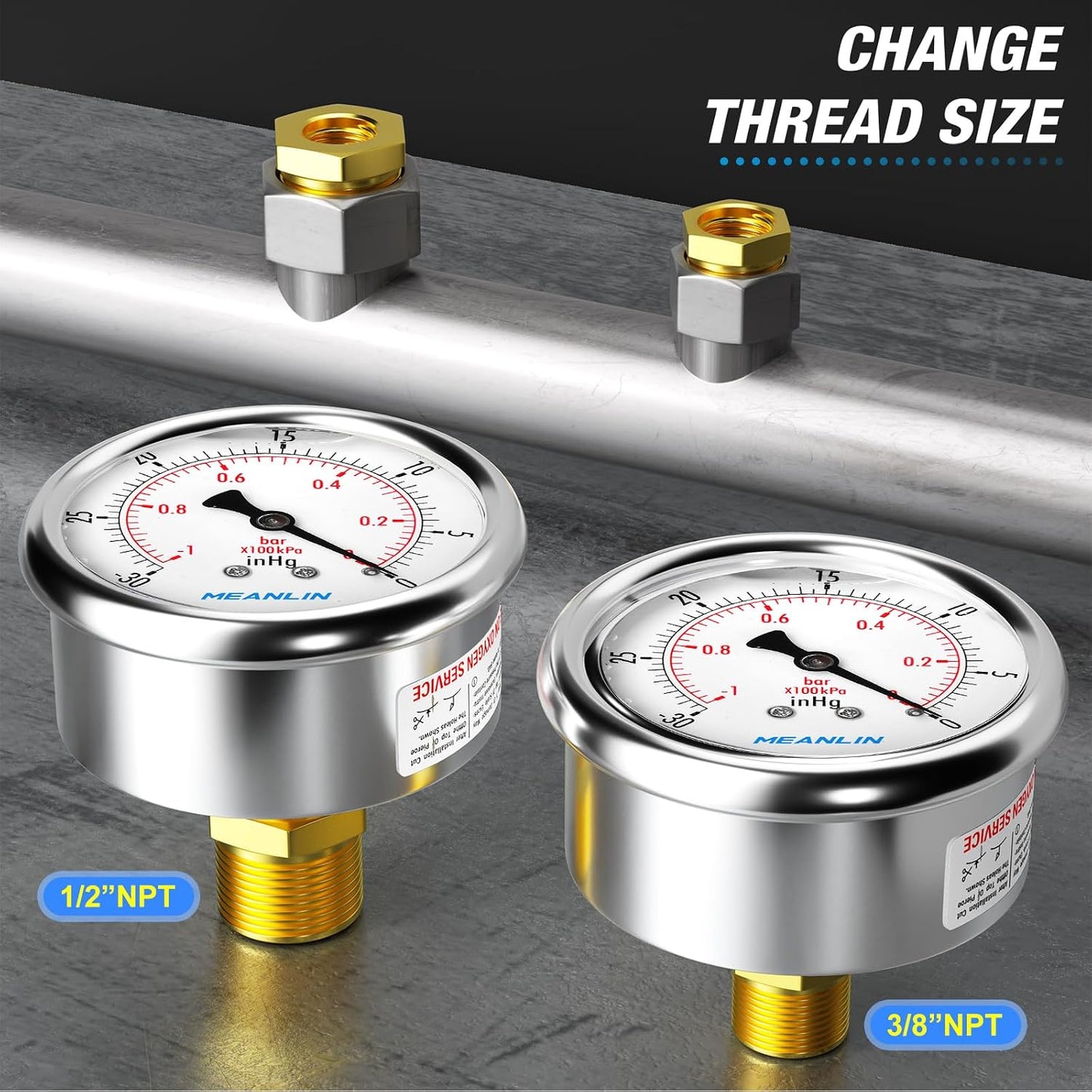 MEANLIN MEASURE -30inHG~0Psi Stainless Steel 1/4" NPT 2.5" FACE DIAL Vacuum Pressure Gauge, Center Back Mount, with 1/2" NPT and 3/8" NPT Hex Bushing