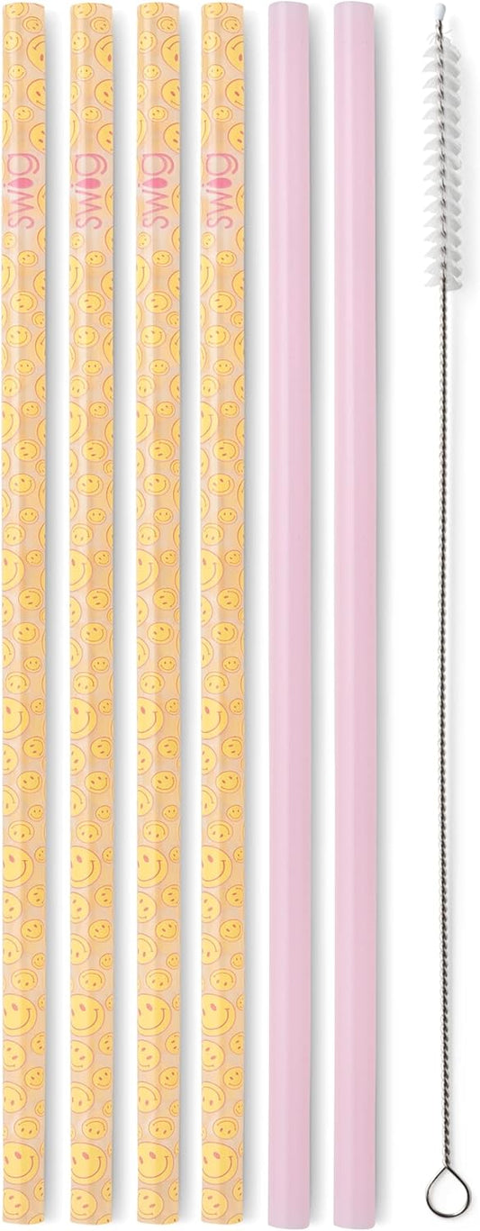 Swig Life Reusable Straws Oh Happy Day + Pink Tall Straw Set & Cleaning Brush, Each Straw is 10.25 inch Long (Fits Swig Life