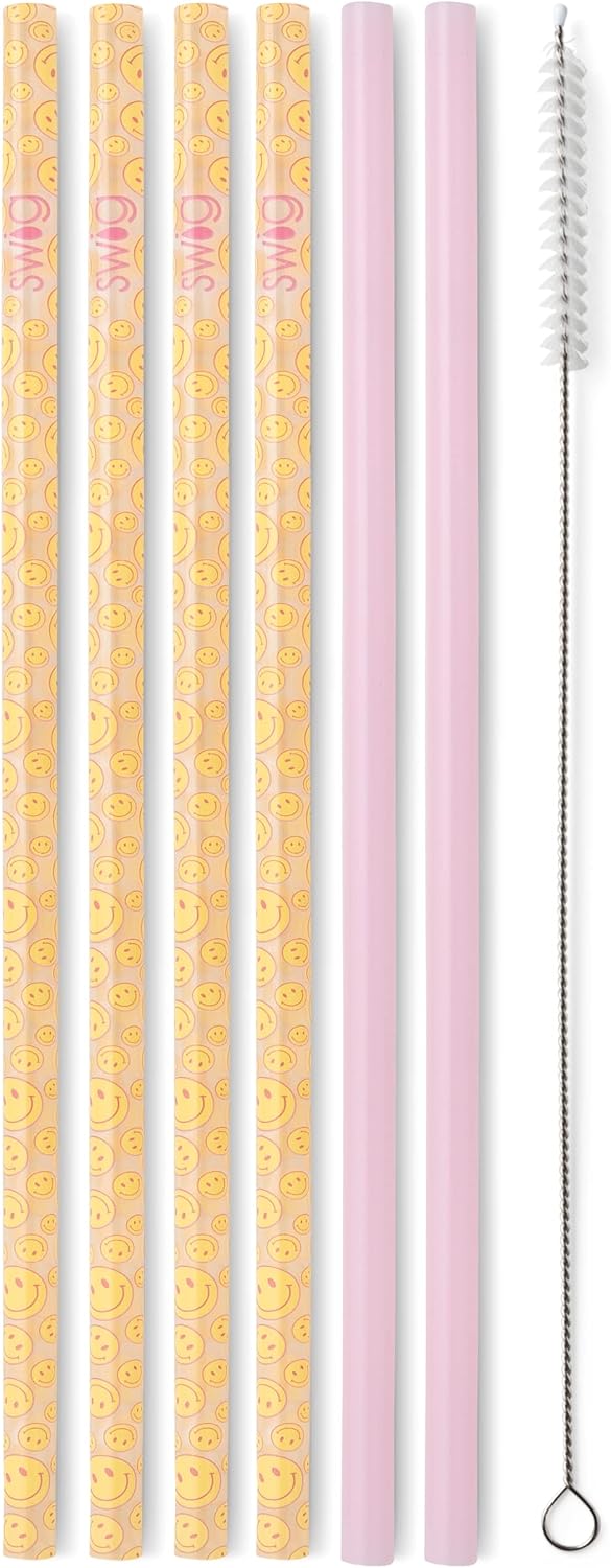 Swig Life Reusable Straw Set with Cleaning Brush, Oh Happy Day + Pink | Reusable Straw Set - Cleaning Brush Included - 14 Inch Long - Accessories for Cups &amp; Mugs