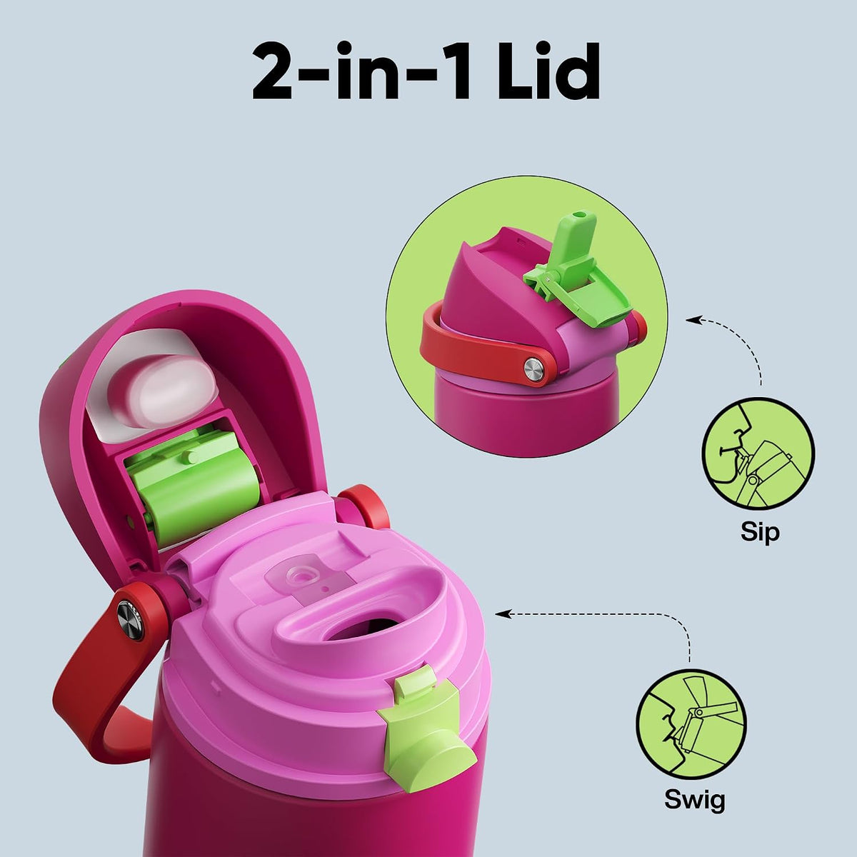 Insulated Water Bottle with Straw - Encool Stainless Steel Water Bottle with Push Button Lid, Leak-Proof &amp; BPA-Free, Keeps Cold for 24 Hours for Sports, Travel, Gym (24 oz, Cerise Pink)