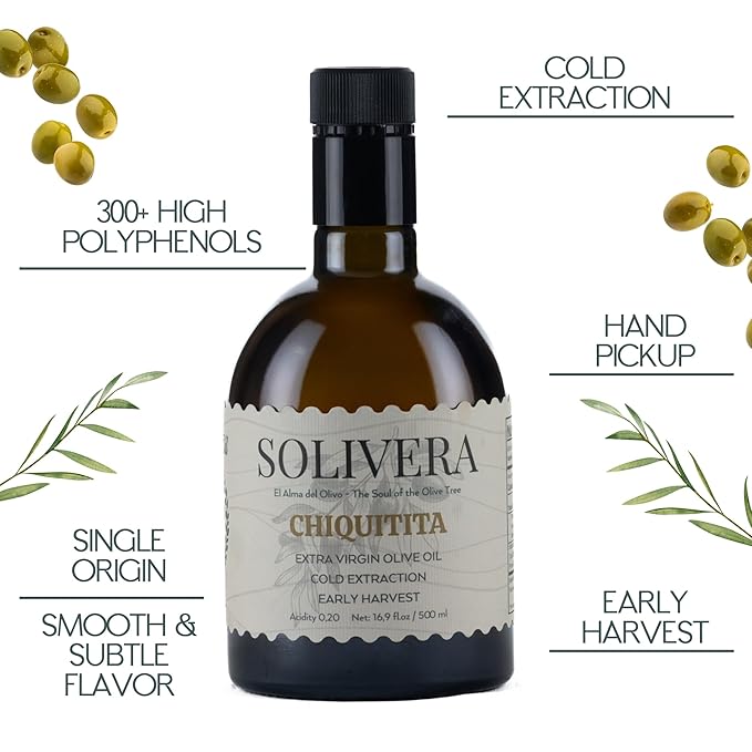 Solivera Chiquitita Extra Virgin Olive Oil Cold Pressed, Smooth & Subtle Flavor, 300+ High Polyphenols, Single-Origin Hand Picked Gourmet Organic Olive Oil – 16.8 fl. oz. (Chiquitita)
