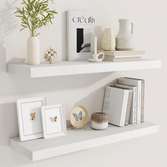 Fun Memories 30 Inch Floating Shelves for Wall, 9 Inch Deep White Rustic Wood Wall Mounted Shelves for Bathroom, Bedroom,