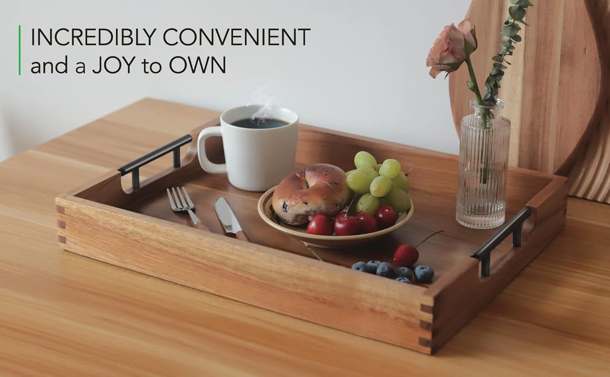 Joy&amp;Grace Acacia Wood Ottoman Tray with Handles 16.7" x 12.8" | Large Acacia Wooden Serving Tray for Coffee Table Living Room, Breakfast in Bed, Food Dinner, Kitchen, Couch (Color Natural)