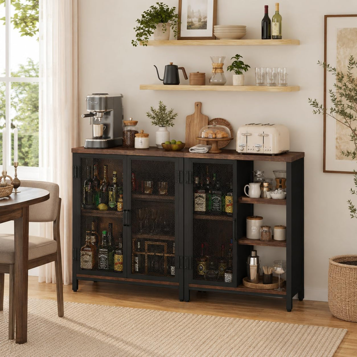BON AUGURE Coffee Bar Cabinet for Home Liquor, Small Storage Cabinet for Kitchen and Entryway, Farmhouse Industrial Buffet Sideboard Credenza with Adjustable Shelves (Rustic Oak)
