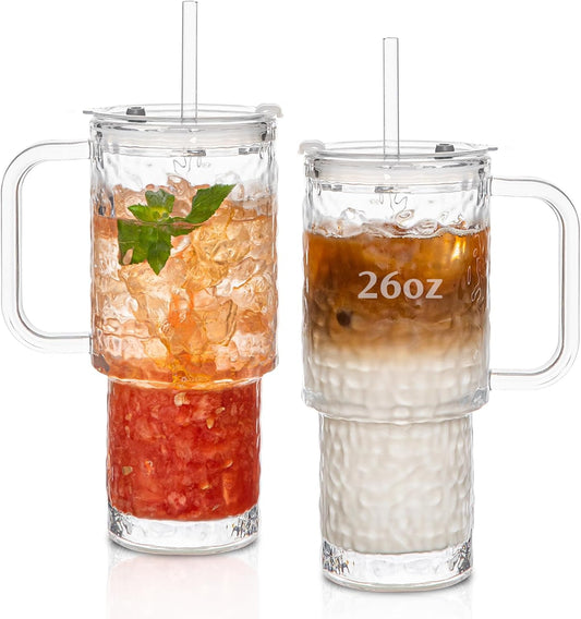 26oz Water Ripple Glass Tumbler with Handle & Lid, Reusable Iced Coffee Cups with Straws – Set of 2, Glass Cups for