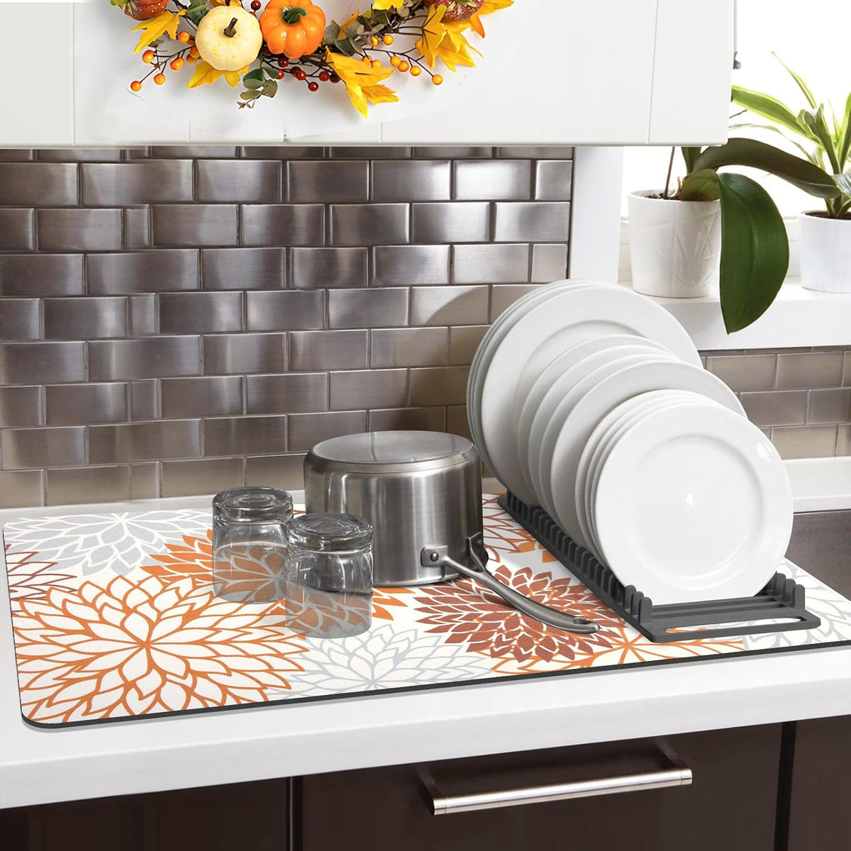 Findosom 2Pcs Fall Dish Drying Mat &amp; Sink Splash Guard, Absorbent Dish Mat