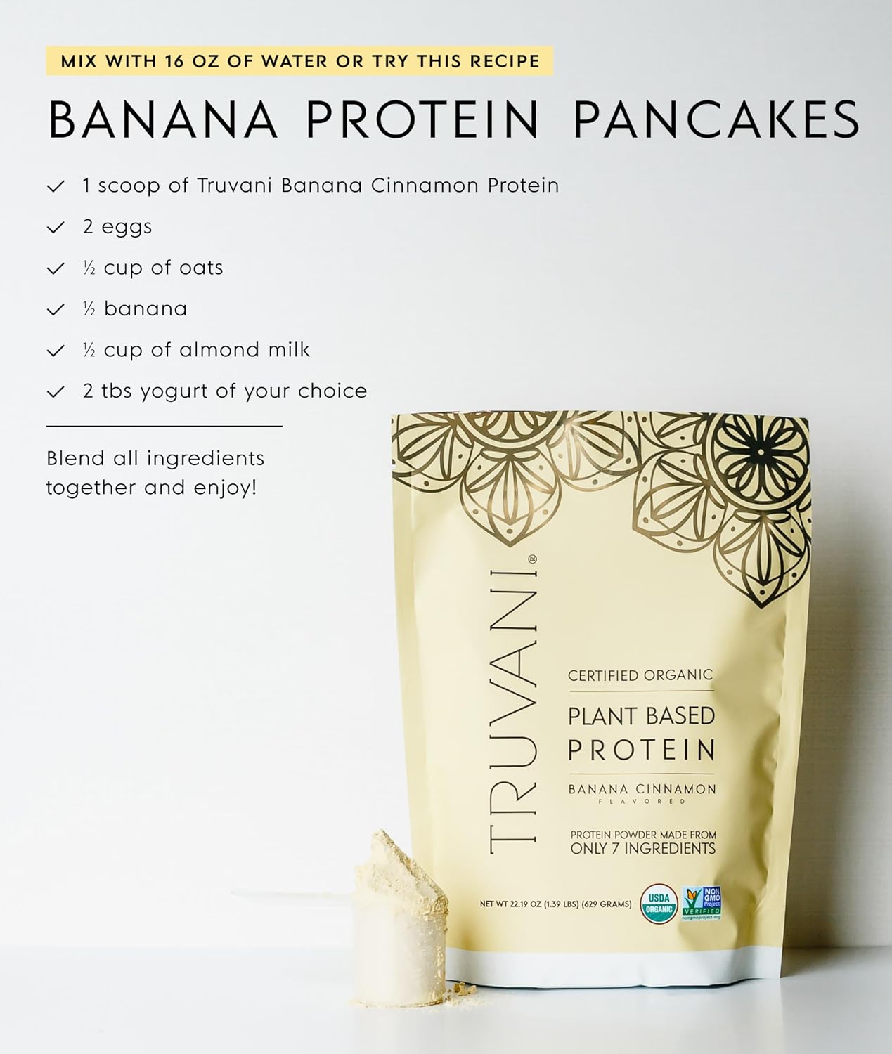 Truvani Organic Plant Based Protein Powder | Banana Cinnamon | 10 Servings | Vegan | 20g Pea Protein | Keto | Gluten &amp; Dairy Free | Low Carb | No Added Sugar