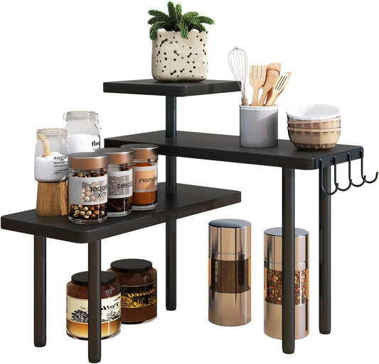 IBUYKE Countertop Organizer,3-Tier Spice Racks,Kitchen Counter Corner Shelf,4 Side Hooks,Adjustable Countertop Shelf for