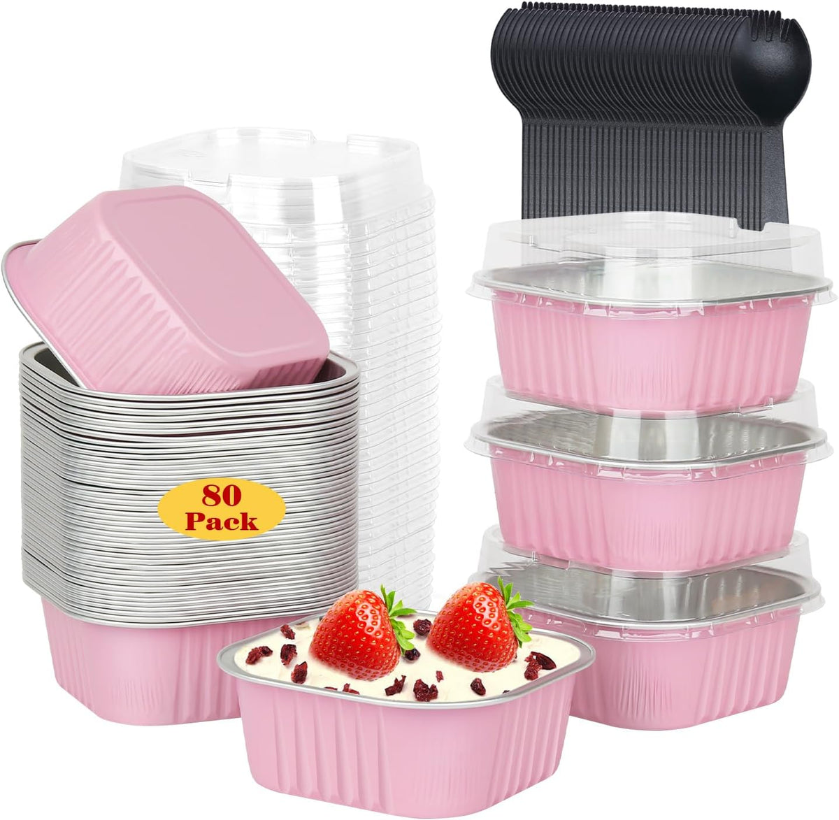 LNYZQUS 80 Pack 10oz Mini Cake Pans with Lids and Spoons for Bake Sales
