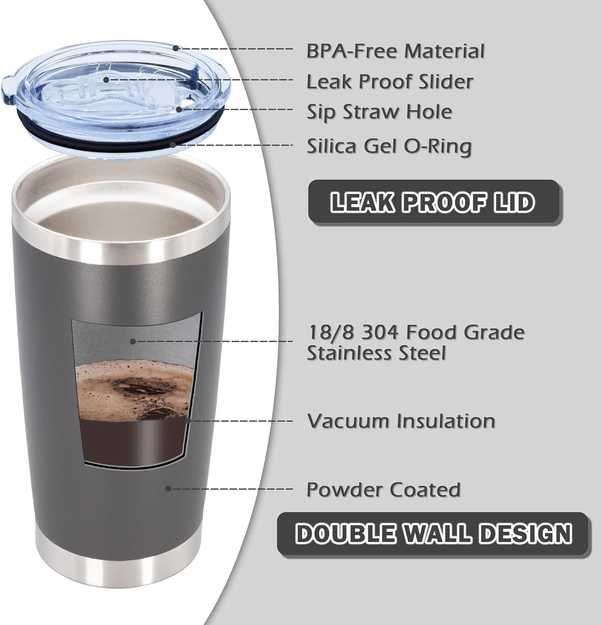 20oz Tumbler Bulk Stainless Steel Tumblers with Lid Vacuum Insulated Double Wall Travel Coffee Mug Powder Coated Tumbler Cup for Hot and Cold Drinks(Grey, 12 pack)