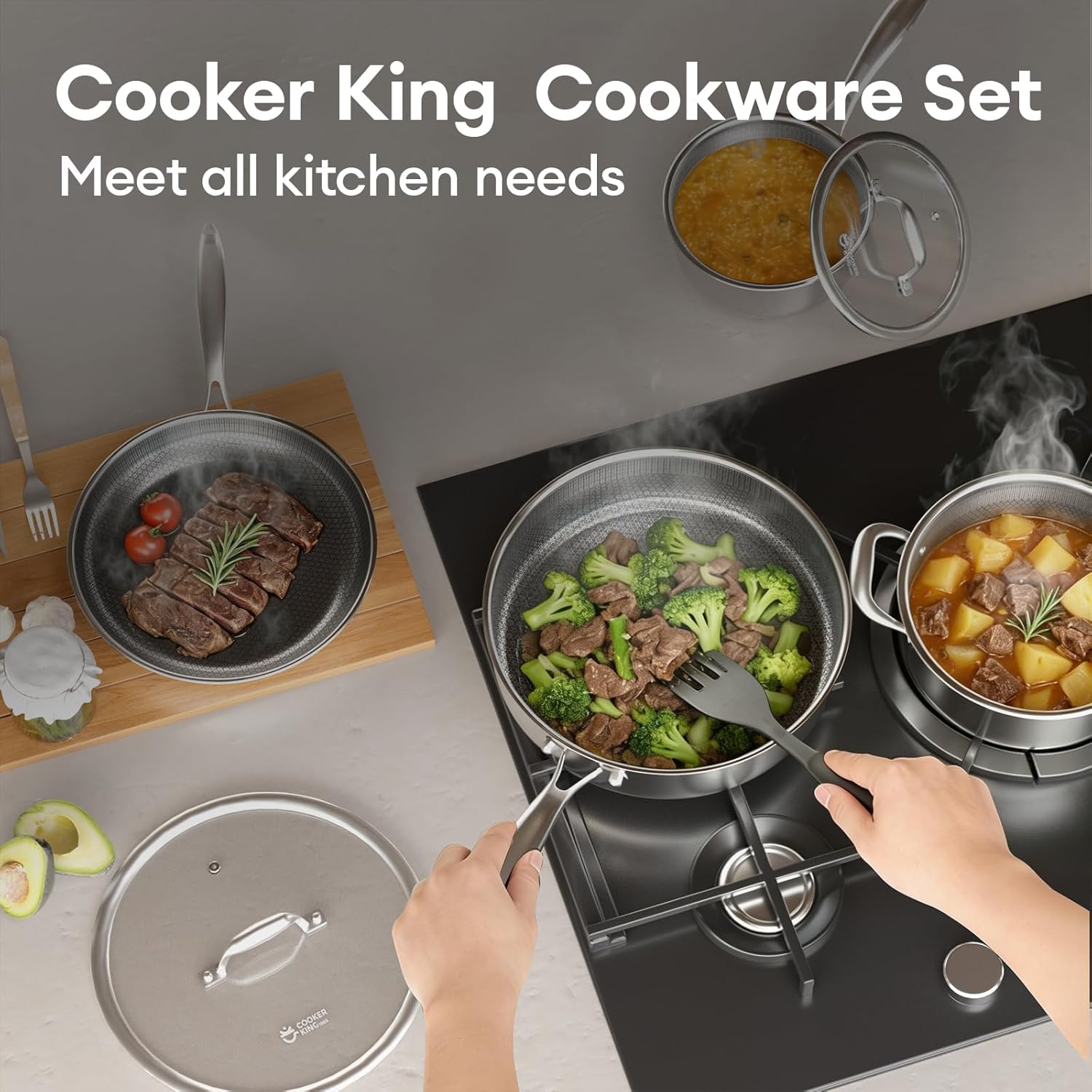COOKER KING 10pcs Pots and Pans Set Non Stick, Stainless Steel Cookware Set | Hybrid, Non Toxic, Dishwasher and Oven Saf