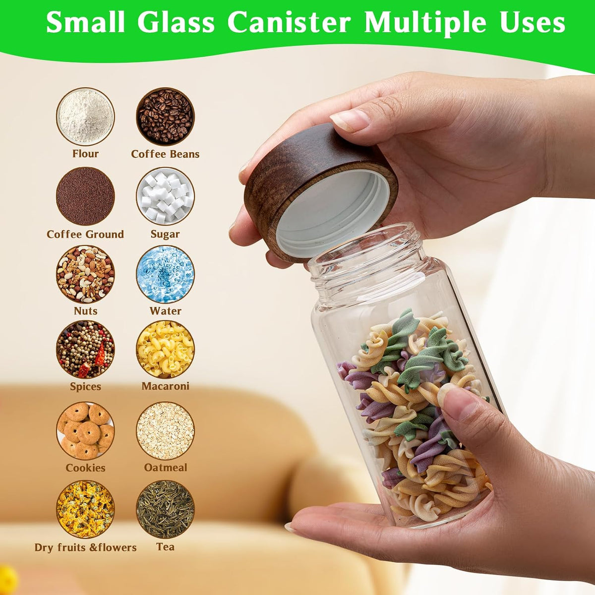 8 oz Small Glass Spice Jars with Airtight Wood Acacia Lid 4 PCS,Clear Coffee Ground Storage Canister Round Glass Spice Jar for Pantry Sugar Tea Bean Nuts Cookies Salts Seasoning