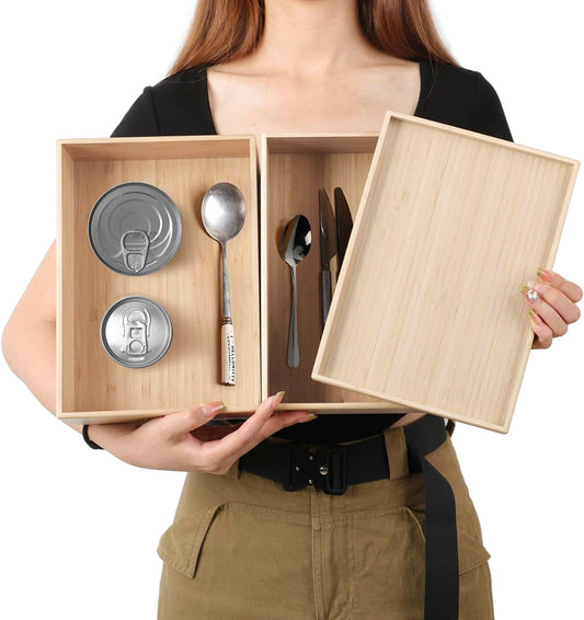 Stackable Bamboo Drawer Organizer Set – 2 Boxes with 1 Lid | Wood-Laminated Trays for Kitchen Utensils, Silverware &