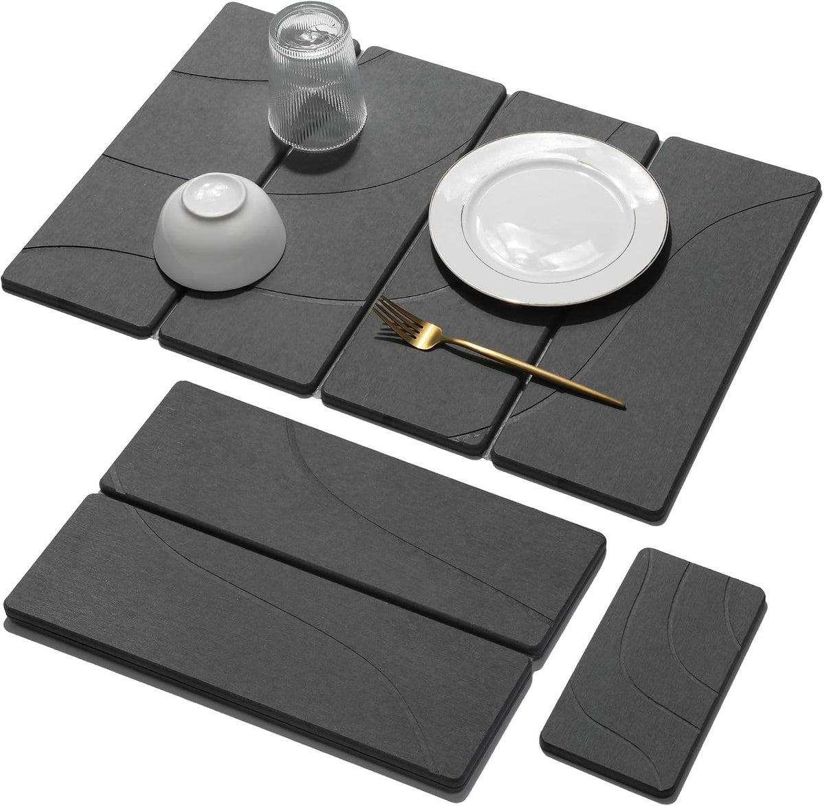 Large Stone Dish Drying Mat for Kitchen Counter, 2 PCS Quick Dry Stone Mats, Foldable Water Absorbing Diatomaceous Earth Drying Dishes Pad for Countertop Bottle Utensil Cup(Carved Gray 24"x16"&amp;8"x4")