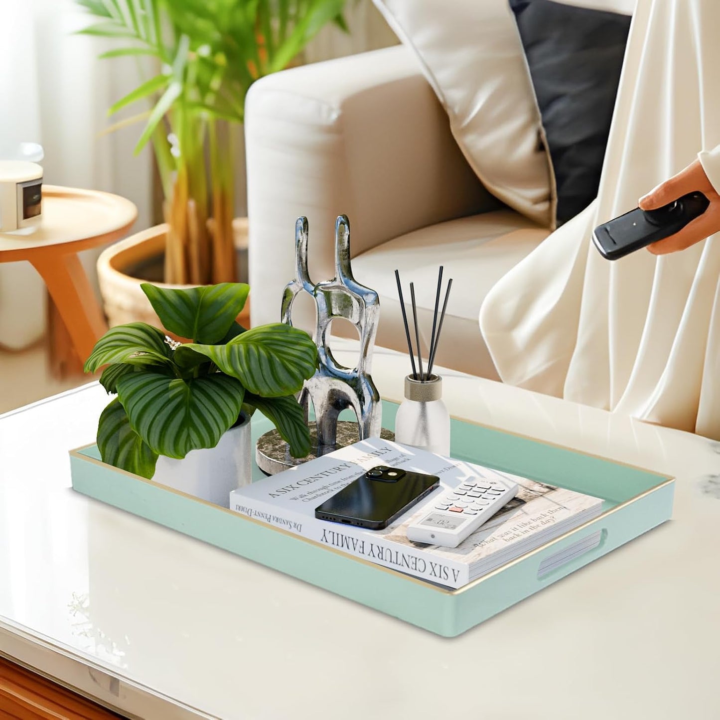 MAONAME Mint Green Decorative Tray for Ottoman, Serving Tray with Handles | Plastic Melamine Tray, Modern Coffee Table Tray, Rectangle Countertop Organizer Tray for Living Room, 15.8"L x 10.2"W x 1.4"H