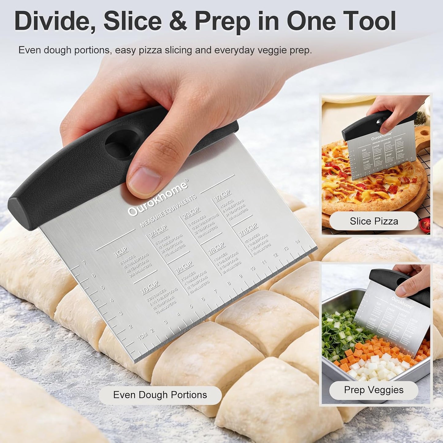 Ourokhome 2 Pack Bench Scraper Dough Cutter, Stainless Steel Dough Scraper with Laser-Etched Scale, Conversion Chart, Non-Slip Handle, Dishwasher Safe for Bread &amp; Pastry, Black