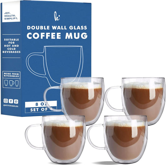 Kitchables Double Walled Glass Coffee Mugs Set of 4, 8oz - Insulated Glass Coffee Mugs for Cappuccino, Latte, Tea, Espresso