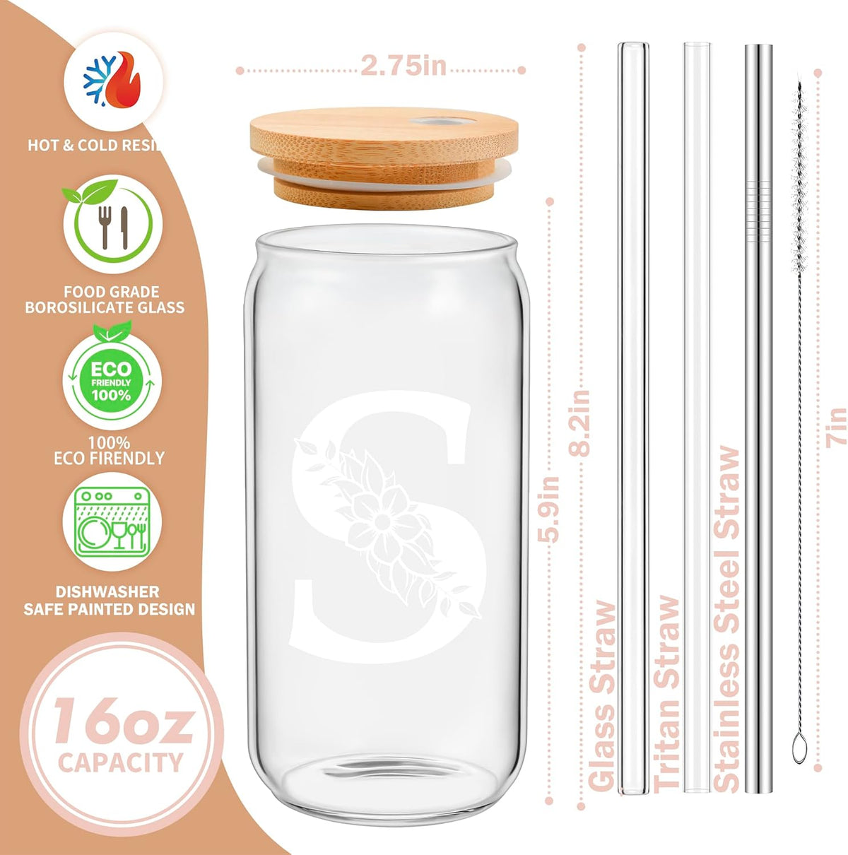 Personalized Gifts for Women, Monogrammed Glass Cups with Lids and Straws, Custom Tumbler, Cute Customized Mug, Aesthetic Stuff, Initial Iced Coffee Cup, Drinking Glasses, Birthday Teacher Gifts, P