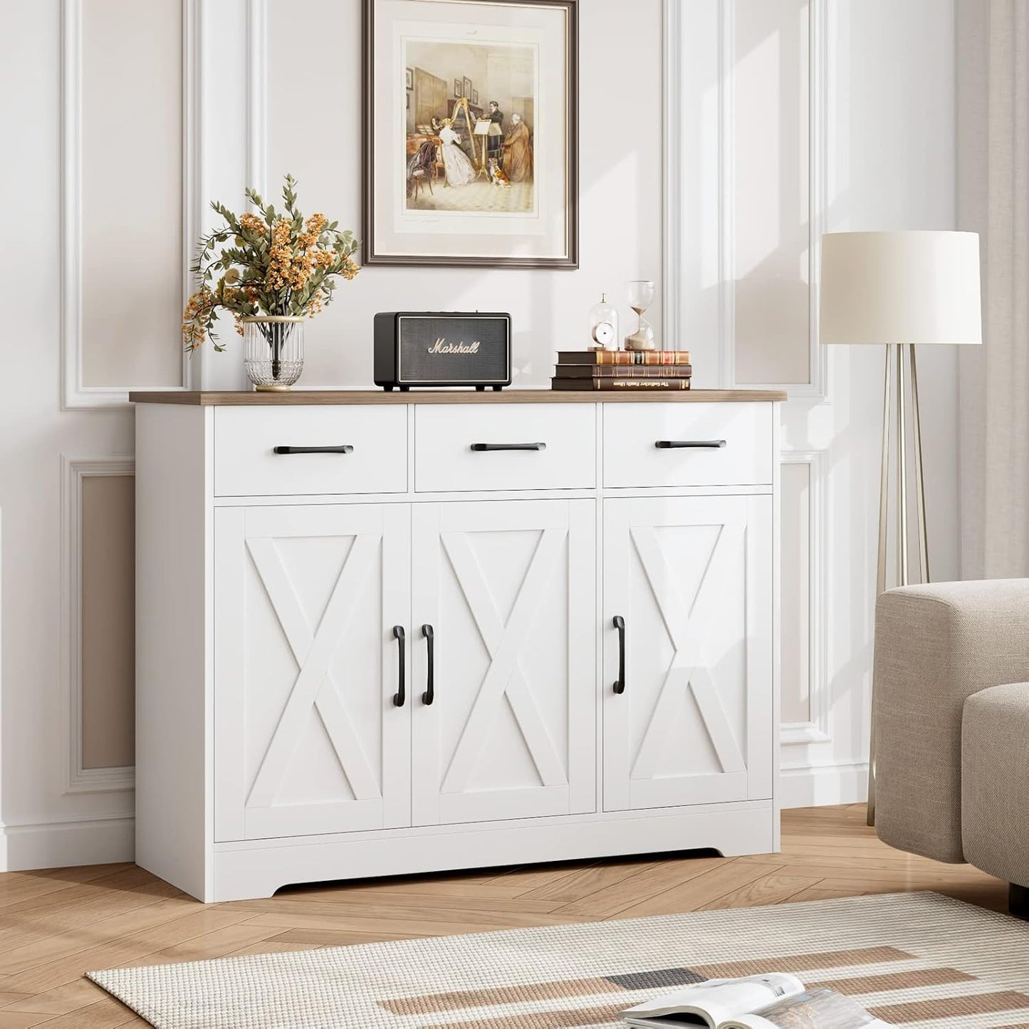 HOSTACK Kitchen Buffet Cabinet with Storage, Sideboard Coffee Bar, White | Farmhouse Kitchen Storage Cabinet with 3 Drawers &amp; Adjustable Shelf, 42.5"W Buffet Table for Dining Living Room