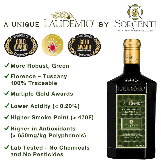 Laudemio Sorgenti, +650 mg/kg Tuscany Polyphenols Rich Extra Virgin Olive Oil, Fresh 2024-2025 Early Harvest, 2025 NYIOOC Gold Award, Frantoio Monovarietal, Lab Tested, No Pesticides, 16.9 fl oz