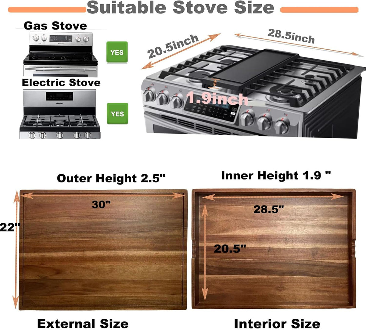 Acacia Stove Top Cover for Gas Burners &amp; Electric Stove, Noodle Board Stove Cover with Wavy Handles, Wooden Stovetop Cutting Board with Juice Grooves, Serving Tray 30"L x 22"W x 2.5"H