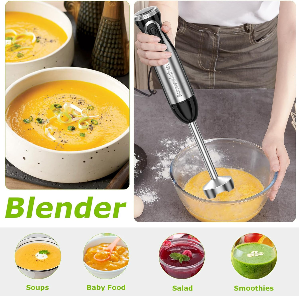 Bonsenkitchen 2-in-1 Immersion Handheld Blender with 20 Speeds &amp; Turbo Mode