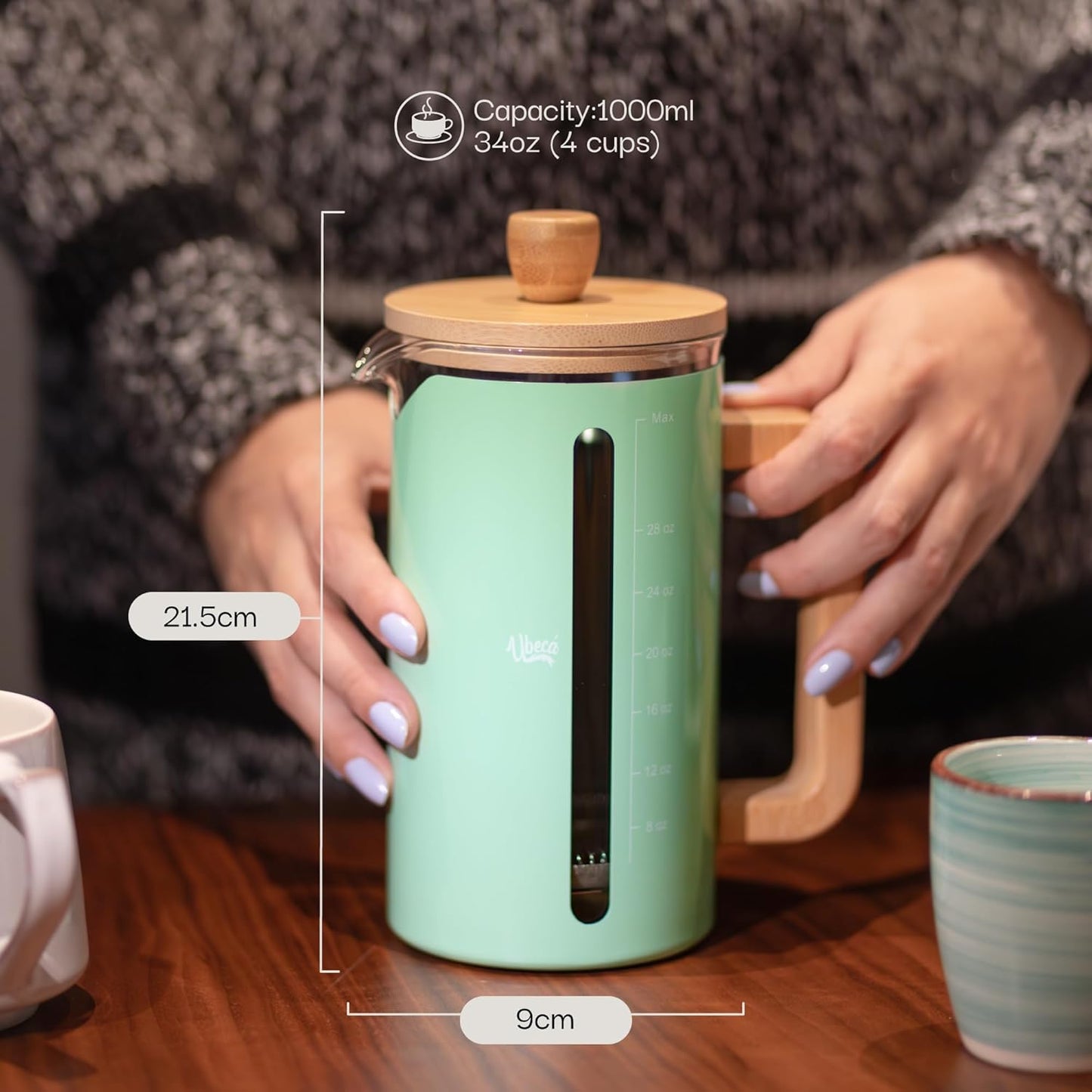 French Press Coffee Maker - 34 oz large Coffee Press with Bamboo Wood Handle, mint green, Heat Resistant Thick Borosilicate Glass carafe, 2 Layer Filter, Stainless Steel Long-lasting easy to use