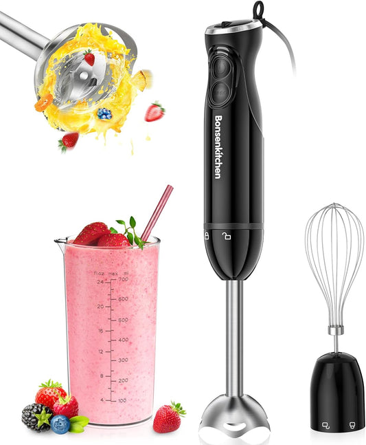 Bonsenkitchen Immersion Blender Handheld, 12-Speed and Turbo Hand Blender Electric with Sharp Blades, 3-In-1 Hand Held Stick