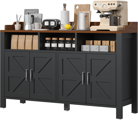 Buffet Cabinet with Storage Farmhouse with 4 Doors and 3 Open Compartments, 55'' Large Kitchen Storage Cabinet Black Wood