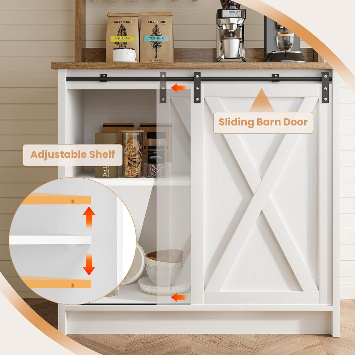 4ever2buy 31" Farmhouse Coffee Bar Cabinet with Storage Hutch, White
