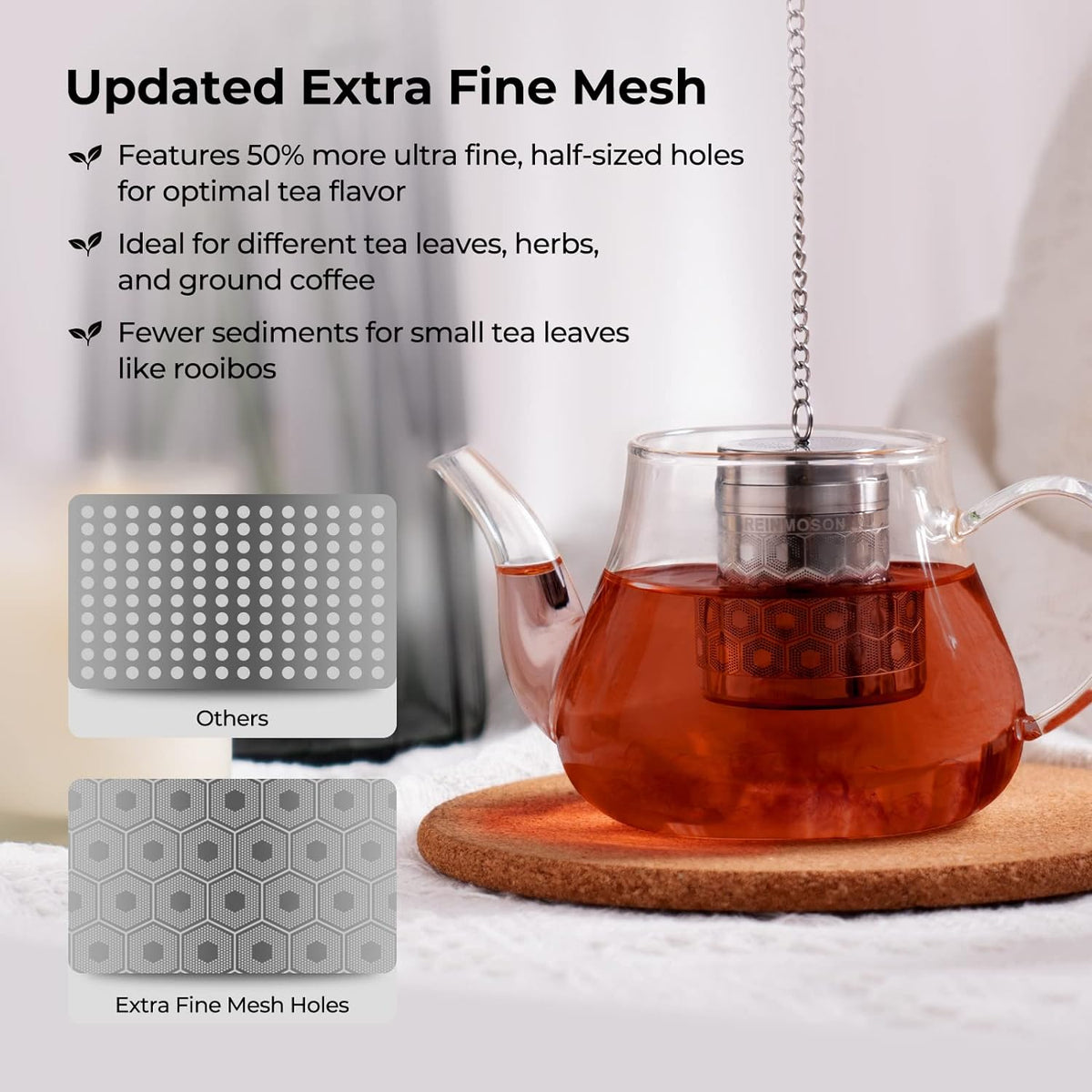 Reinmoson Extra Fine Mesh Tea Strainers for Loose Tea 1.5” x 2.2” | 304 Stainless Steel Tea Infuser for Loose Leaf Tea Steeper, Updated Slim Threaded Lid, Tea Ball for Mug, Cup, Teapot, Kettle
