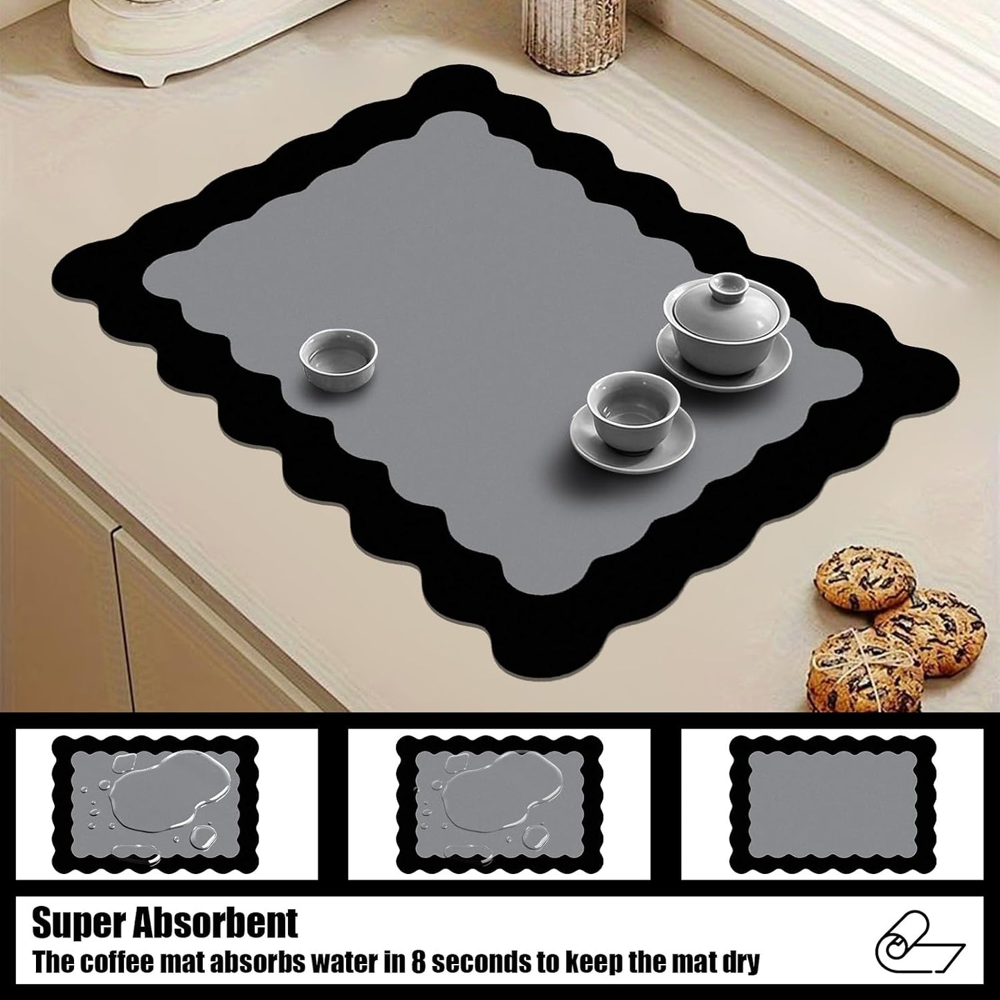 Black Scalloped Coffee Mat for Countertop Coffee Bar Mat Matt | Diatomite Absorbent Non-Slip Rubber Backing Coffee Staion Mats for Kitchen Counter, Kitchen Aesthetic Decor (12"x19", Black)