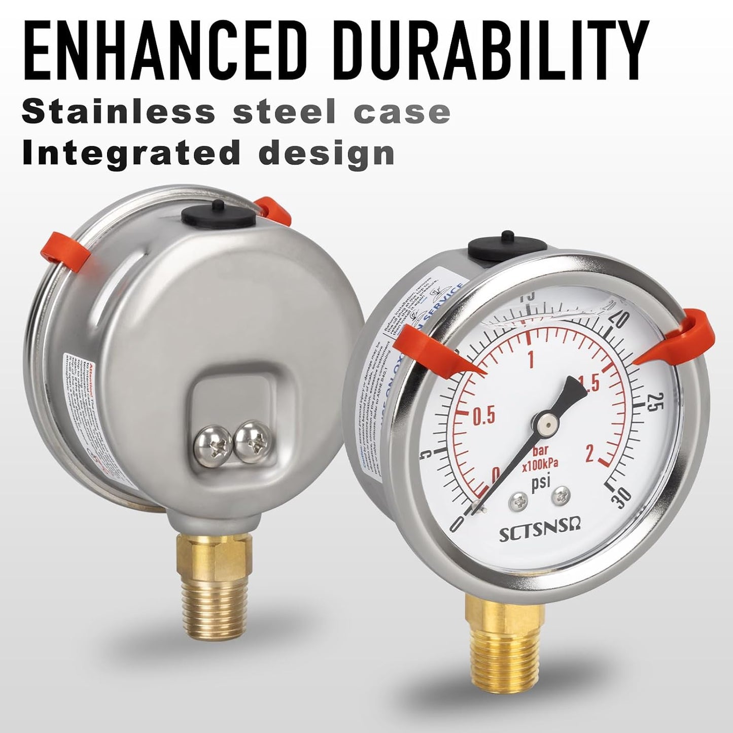 0 to 30 Psi Pressure Gauge, Liquid Filled, 1/4" NPT Lower Mount