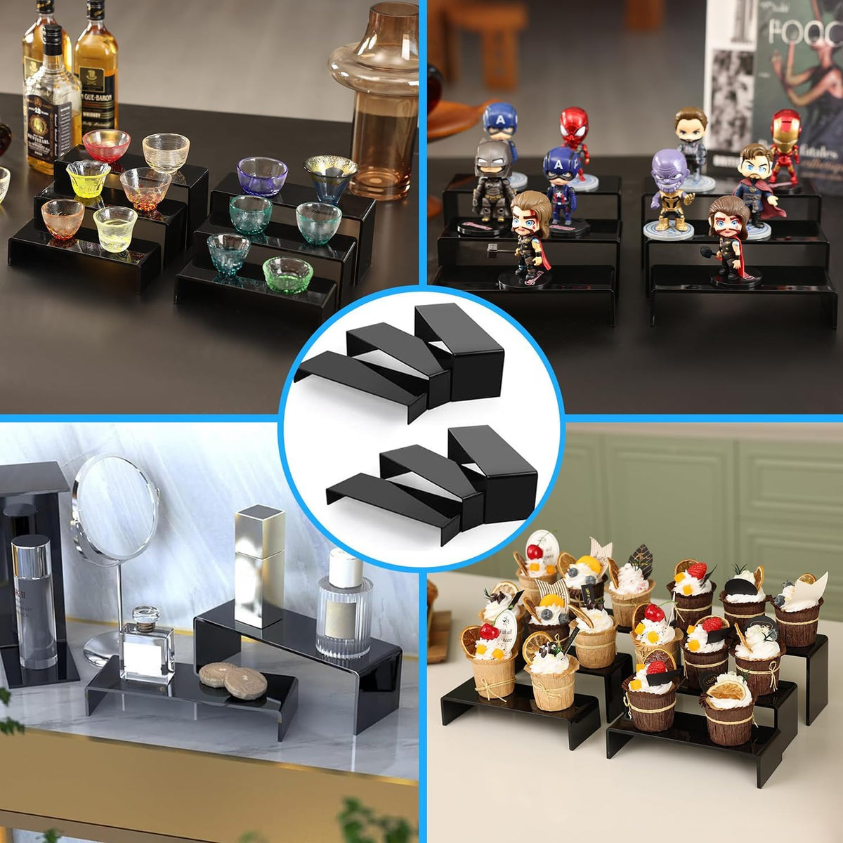 Goabroa 8'' Display Shelves, Black Display Risers, Riser for Decor, 6 Pcs
