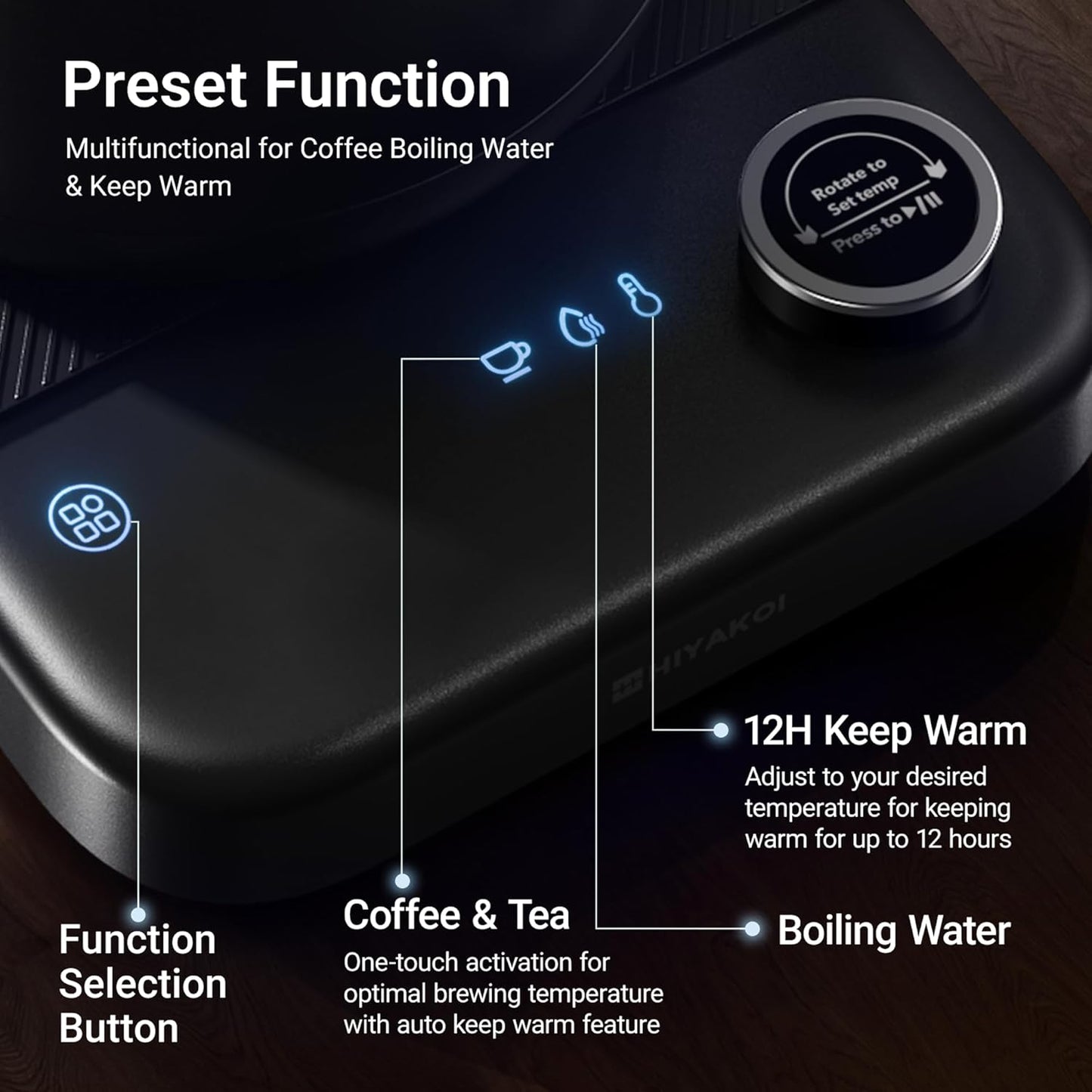 Gooseneck Electric Kettle HIYAKOI with ±1℉ Temperature Control, Pour Over Kettle for Coffee &amp; Tea, 1200W Rapid Heating, Stainless Steel Water Boiler with 12H Keep Warm &amp; Built-in Timer, 0.8L/27oz
