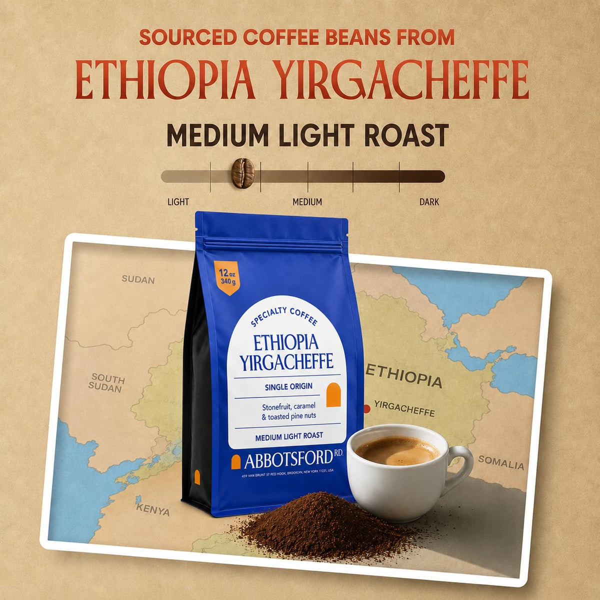 Ethiopia Yirgacheffe Ground Coffee, Medium-Light Roast Ground Coffee with Stone Fruit, Caramel &amp; Toasted Pine Nuts, Specialty Coffee, Single Origin 12oz Bag, Perfect Flavored Ethiopian Coffee Gift