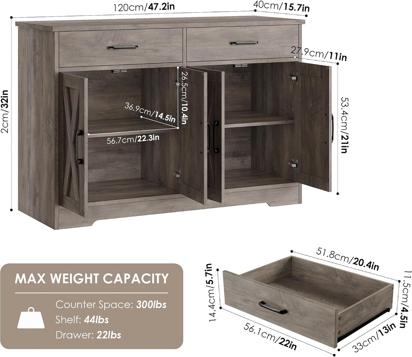 HOSTACK 47" W Kitchen Sideboard Buffet Cabinet with Storage Drawers, Grey
