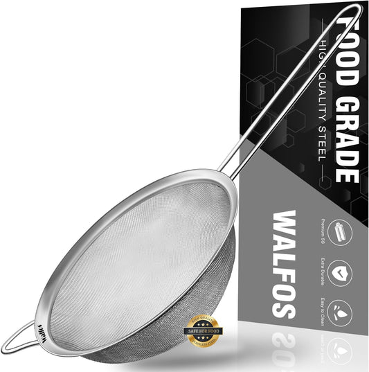 Walfos 7 Inch Fine Mesh Strainers, Premium Stainless Steel Colanders and Sifters, with Reinforced Frame and Sturdy Handle,