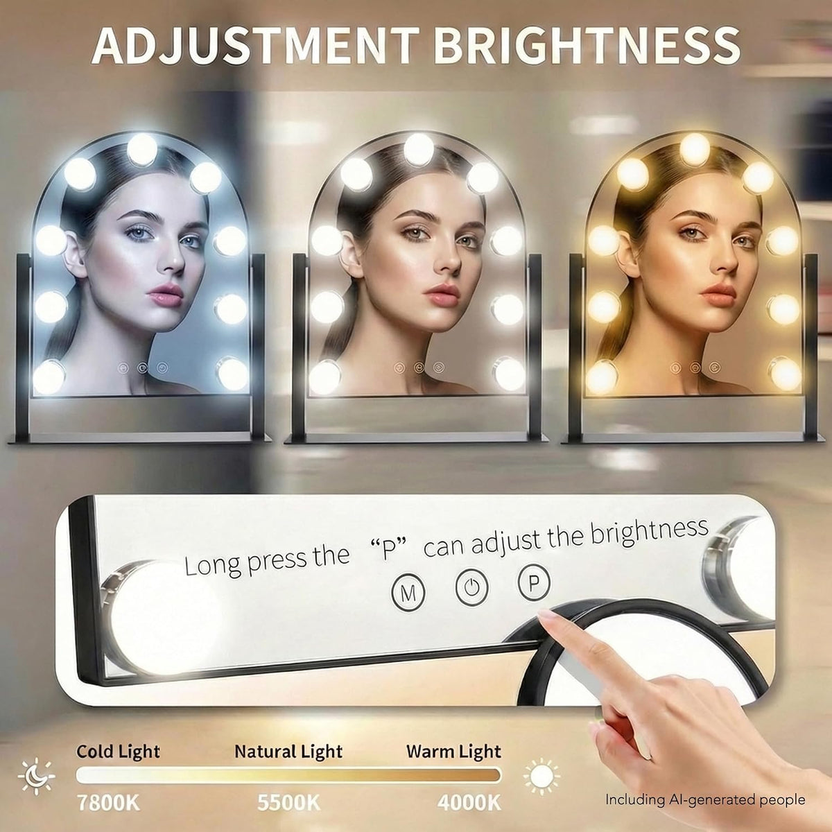 Arched Makeup Vanity Mirror with Lights,10X,Black,14.17"x11.81" | Vanity Mirror with Detachable 10X Magnification Mirror, Rechargeable, 3 Color Lights,Smart Touch, 360‑Degree Swivel