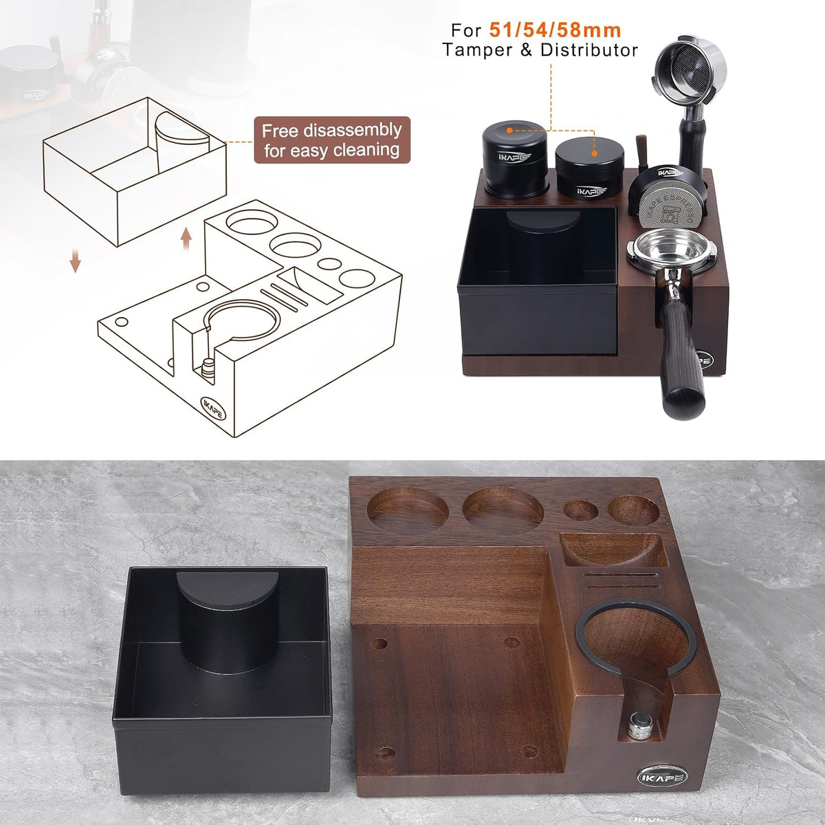 IKAPE V5 Espresso Knock Box, Espresso Coffee Organizer Box Fit for Storage 51, 54, 58MM Espresso Tamper, Distributor, Portafilter &amp; Puck Screen Accessories, Natural Walnut Station Base(9 IN One)