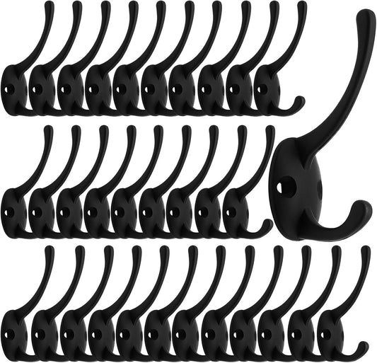 IBosins 32 Pack Black Coat Hooks Wall Mounted with 64 Screws Retro Double Hooks Utility Black Hooks for Coat, Scarf, Bag,