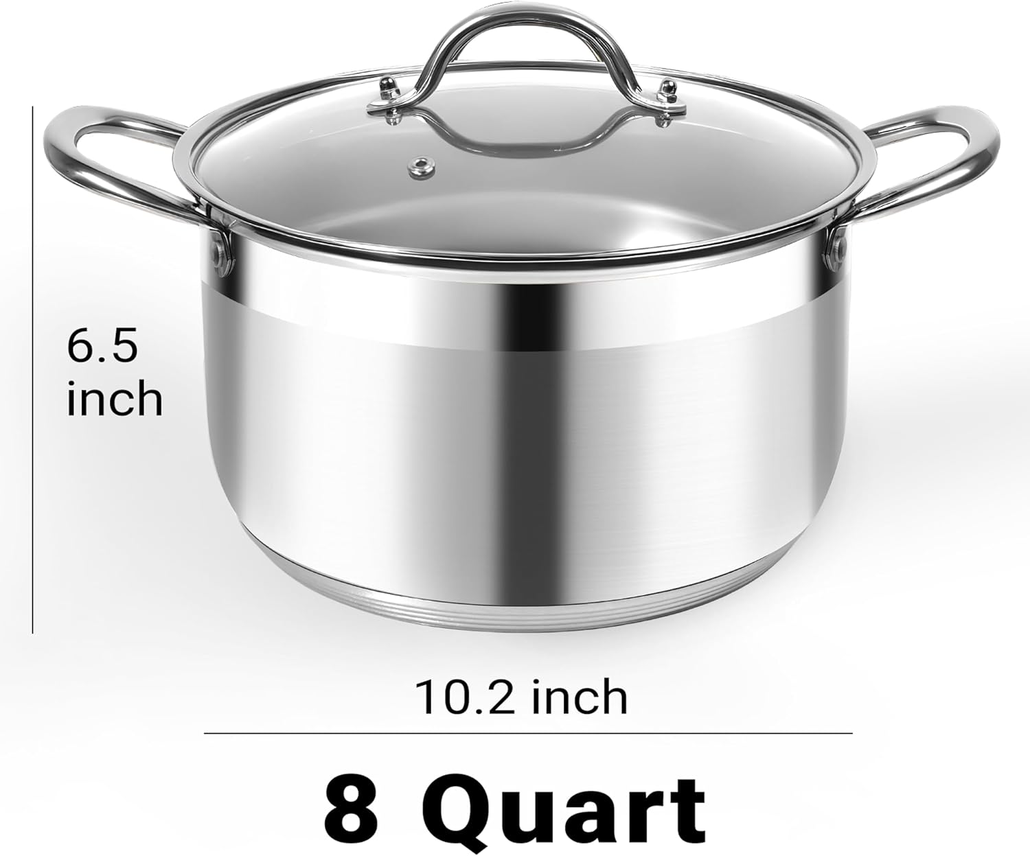 Kirecoo 8 Quart Stainless Steel Induction Stock Pot with Visible Lid | Heavy Duty, Even Heat, Thick Nonstick Base, Deep