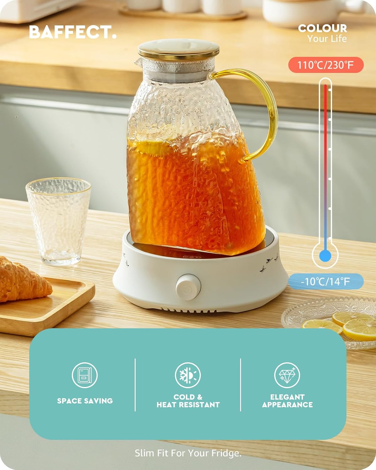 Baffect Water Pitcher Glass Jug With Lid and Spout(Glacier-Textured) | 63oz High Borosilicate Glass Pitcher With Gold Handle, Fridge Door Carafe For Hot Cold Drink, Mlik, Juice, Ice Tea, Lemonade