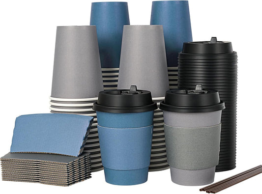 LITOPAK 100 Pack 12 oz Disposable Paper Coffee Cups with Lids, Sleeves and Stirring Sticks for Hot Coffee, Water or Juice,