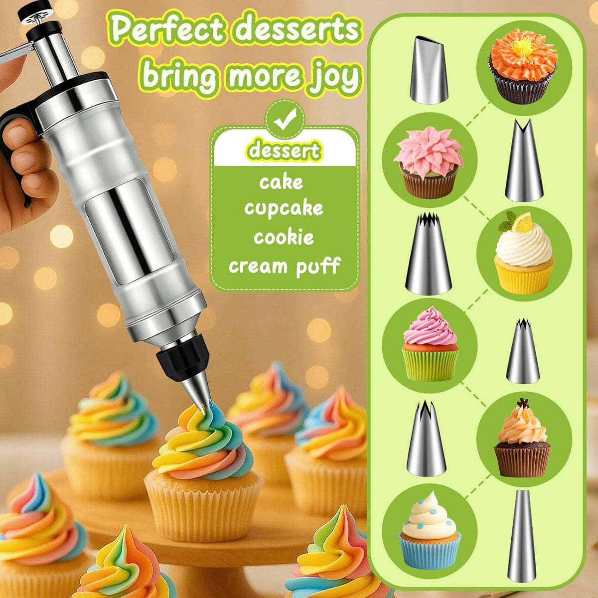 FANTEXY Dessert Decorating Syringe Set, Stainless Steel Icing Piping Kit | Cake Decorating Tools, 6 Piping Icing Nozzles, Cupcake Decorating Kit
